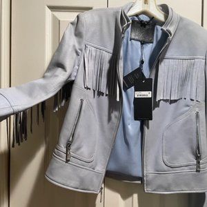 Dawn Levy Leather Sky Blue Fringe Jacket